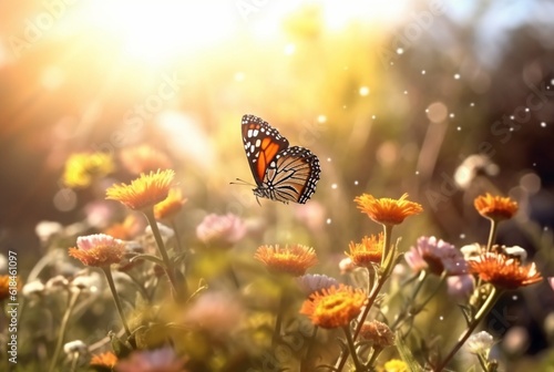 Beautiful butterfly flying over a flower on a blurred background and sunlight. generative ai © LivroomStudio
