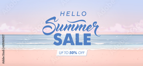 Hello summer sale horizontal banner. Vector beautiful realistic illustration of sandy summer beach. Tropical beach background