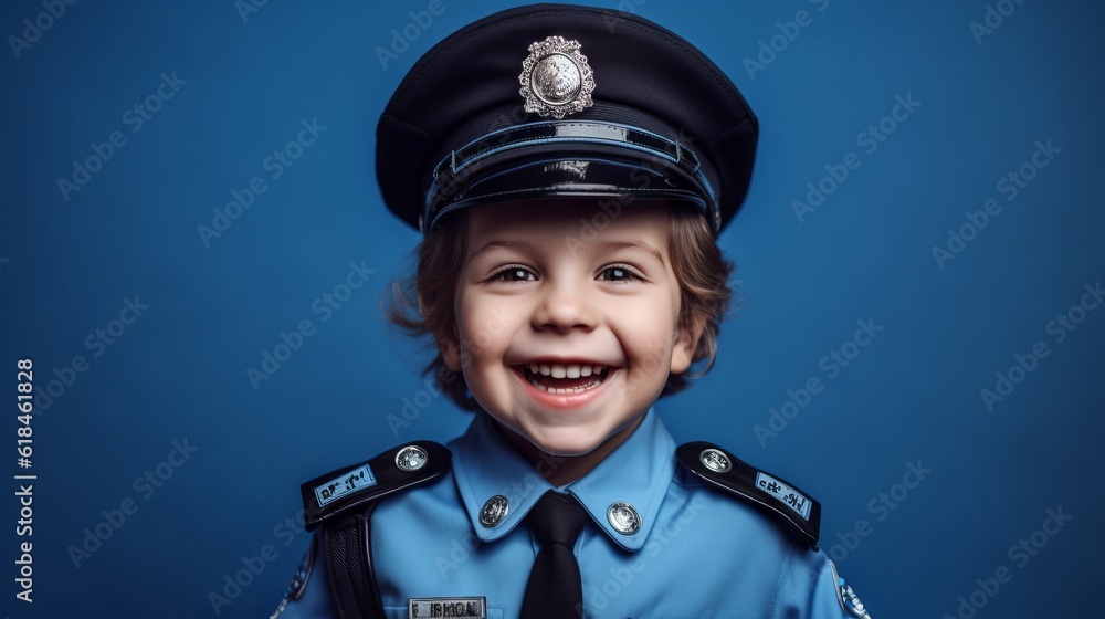 Happy little child dressed as a police officer. Cheerful kid dressed up as a police officer. Portrait of a cute little boy in police uniform. Smiling boy in police uniform on blue background. Happy little child dressed as a police officer. Cheerful kid dressed up as a police officer. Portrait of a cute little boy in police uniform. Smiling boy in police uniform on blue background.