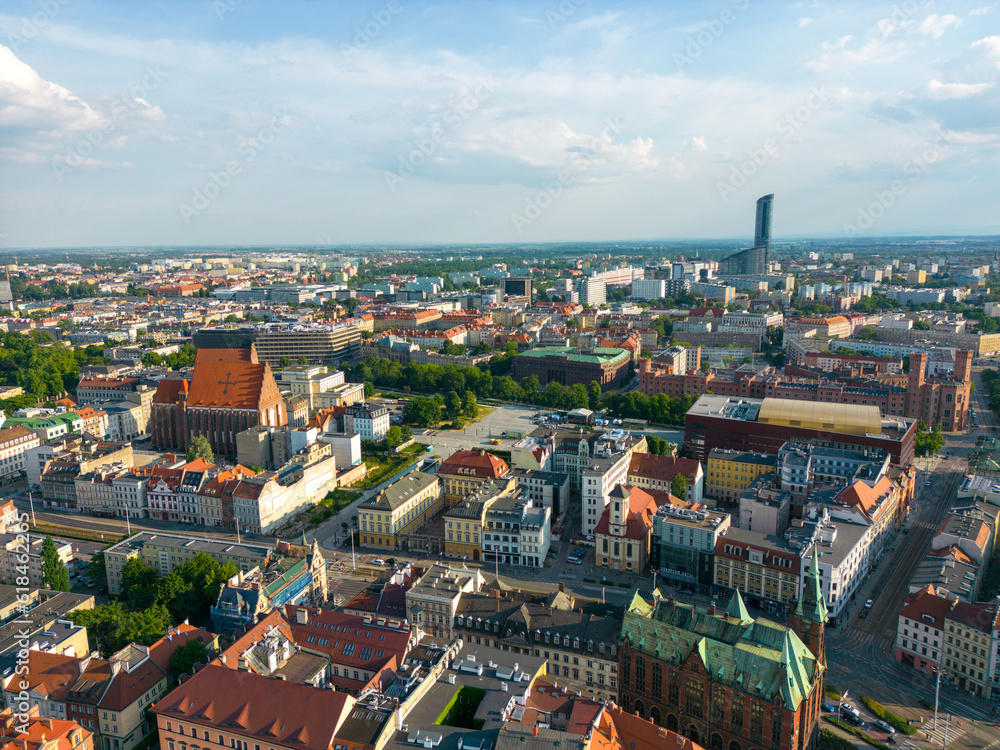 Wroclaw, a city in the Lower Silesian Voivodeship on a sunny day. The most visible tourist places and locations in Wrocław from a bird's eye view from a drone.