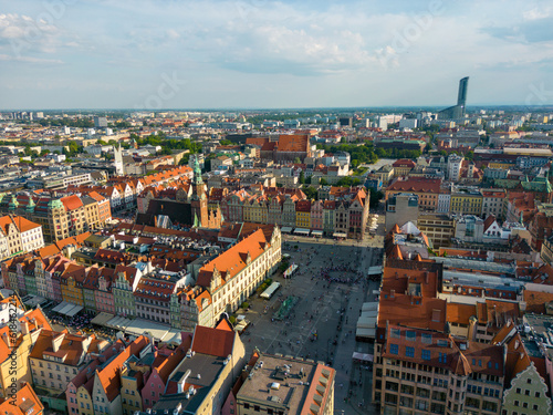 Wroclaw, a city in the Lower Silesian Voivodeship on a sunny day. The most visible tourist places and locations in Wrocław from a bird's eye view from a drone.