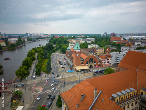 Wroclaw, a city in the Lower Silesian Voivodeship on a sunny day. The most visible tourist places and locations in Wrocław from a bird's eye view from a drone.