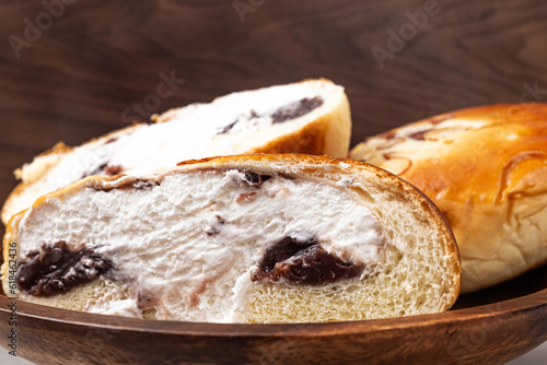 Sweet red bean cream bread with red bean paste and fresh cream