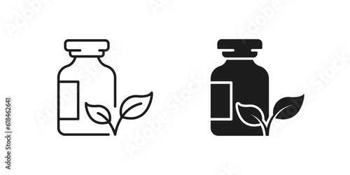 Pharmaceutical Organic Ingredient in Bottle Pictogram Collection. Herbal Medicine Line and Silhouette Black Icon Set. Pharmacy Medical Product Symbol Collection. Isolated Vector Illustration