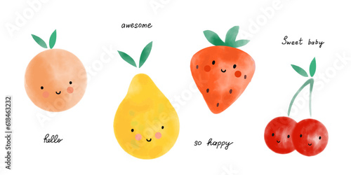 Watercolor fruits. Cute cartoon characters with eyes and smiles, peach or orange, pear strawberry and cherry. Hand drawn lettering. Decor elements for childish nursery, textile decor. Vector set