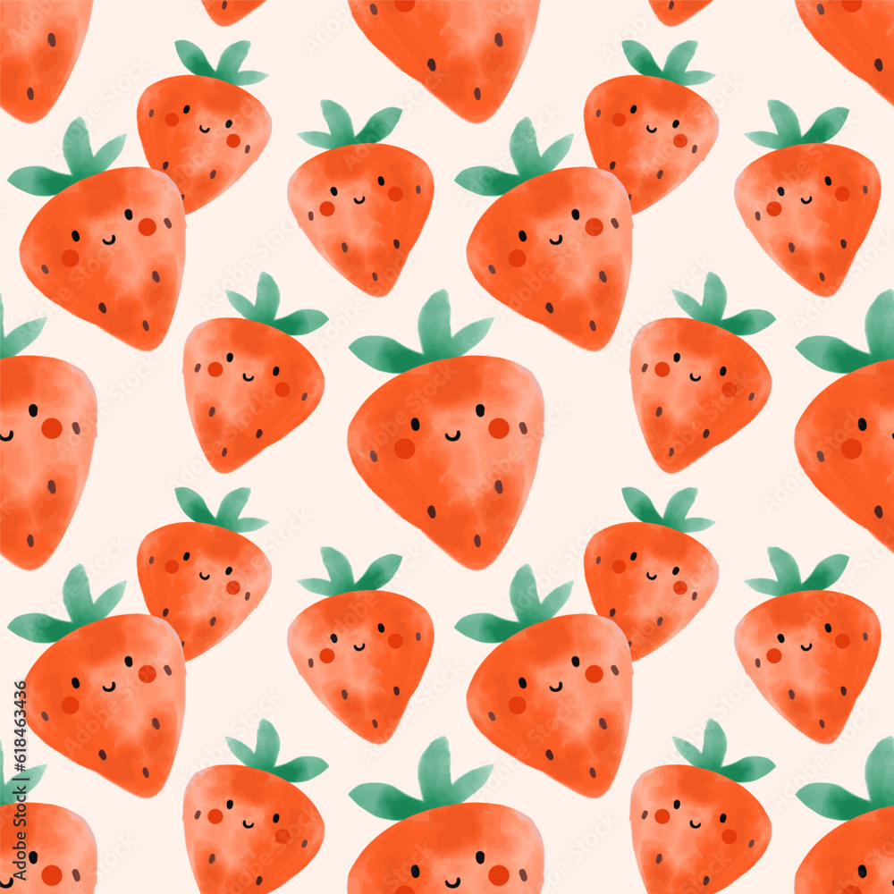 Watercolor berry seamless pattern. Cute cartoon character with eyes and smiles, strawberry. Childish nursery and textile decor. T-shirt print, wrapping paper, wallpaper design vector illustration Watercolor berry seamless pattern. Cute cartoon character with eyes and smiles, strawberry. Childish nursery and textile decor. T-shirt print, wrapping paper, wallpaper design vector illustration