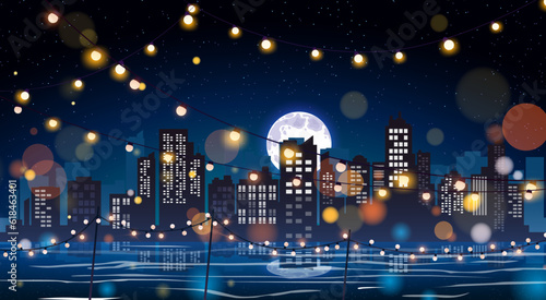 colorful hanging light for the party at the river in the city