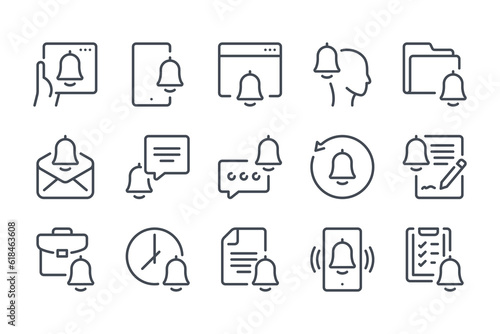 Notification and reminder line icon set. Bell alert and Alarm clock linear icons. Attention and Ring outline vector sign collection.