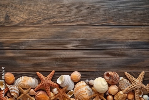 Top view of sea shells and starfish on wooden table for background