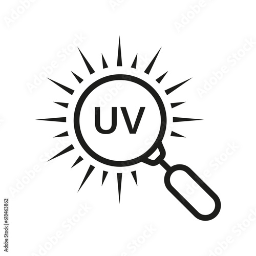 Ultraviolet Rays Research Line Icon. UV with Magnifying Glass Linear Pictogram. Summer Sunshine Outline Symbol. Danger Heatwave Sign. Isolated Vector Illustration