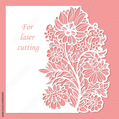 Postcard with decorative flowers. Template for laser cutting from paper, cardboard. For the design of wedding cards, envelopes, menus, stencils, scrapbooking, etc. Vector