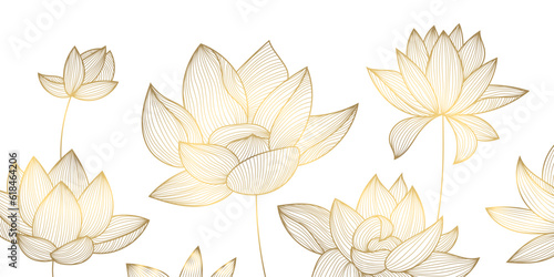 Vector luxury golden pattern, lotus illustration, hand drawn florals for packaging, social media post, cover, banner, creative post and wall arts. Gold and white.