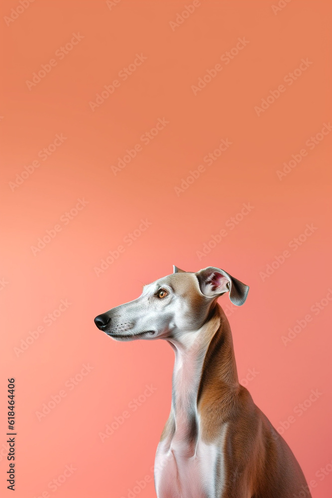 Cute dog of the Galgo breed is posing in a studio
