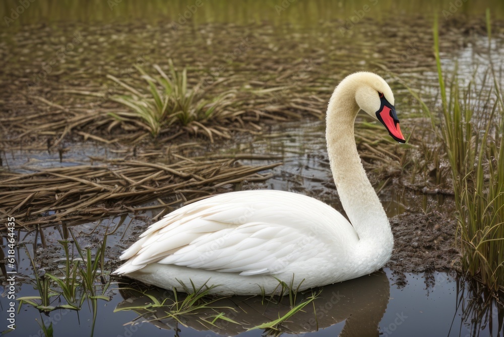 Fototapeta premium white swan in the swamp. generative ai