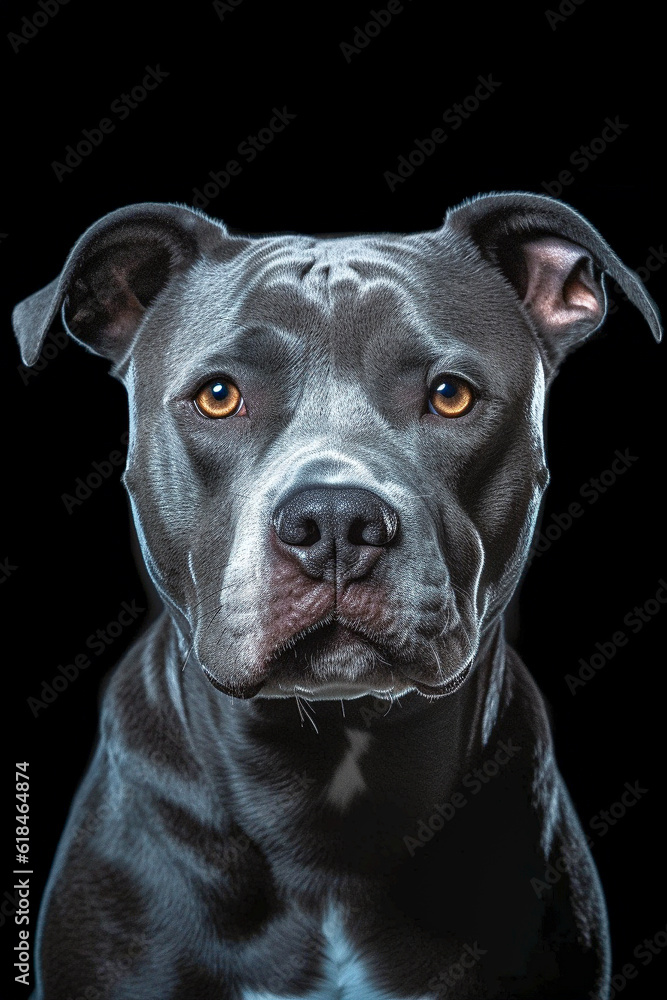 Cute dog of the Colby Pibull breed is posing in a studio