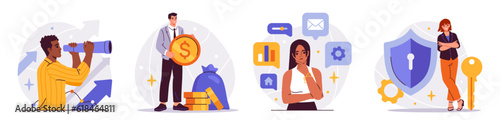 People develop business. Purposeful characters put their savings in bank, set goals and fulfill plans. Strategy, achievements and money concept. Cartoon flat vector set isolated on white background