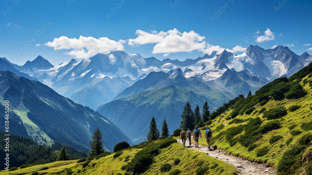A breathtaking mountain landscape showcasing lush green valleys and majestic peaks, where adventurous hikers traverse winding trails and pause to capture the awe-inspiring views. Generative AI