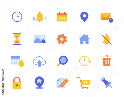 Colorful app icons set. Simple stickers with phone home screen and menu. Badges with social media and mail, alarm and gallery, map and online store. Cartoon flat vector isolated on white background