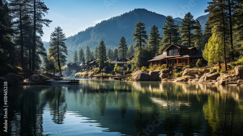 Nature's sanctuary: Nestled within a breathtaking mountain range, a serene lake reflects the majestic peaks, where adventurous souls hike, camp, and soak in the tranquility of natu Generative AI