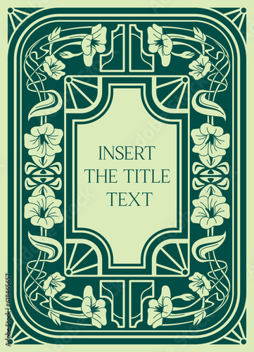 Floral engraving frame. Vintage banner and background, poster and flyer design with blooming plant pattern. Elegant cover for books, wedding invitations and menus. Cartoon flat vector illustration