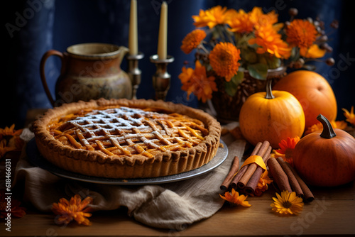 Traditional American pumpkin pie with cinnamon and mint. Thanksgiving concept. AI generation