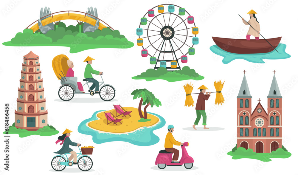 Obraz premium Vietnam country. Set of illustrations of Vietnam landmarks and people. Vector graphic.