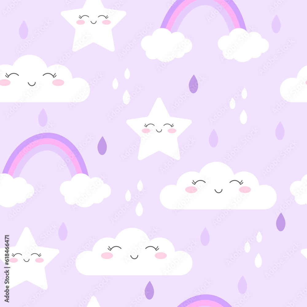Seamless pattern background with cute clouds and stars with rainbow. Vector illustration for summer background, wallpaper, pajamas and baby textile.