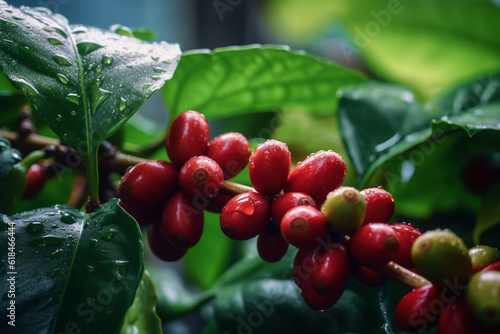Fotografia Closeup, gayo and coffee beans on green leaf in farm, agriculture land and farming estate for service industry, import and cultivation