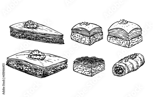 Hand drawn turkish baklava on white background. Assorted Oriental sweets sketch. Engraved baked arabic dessert with pistachio, peanut, honey, almond. For menu, card, flyer, poster design. Vector