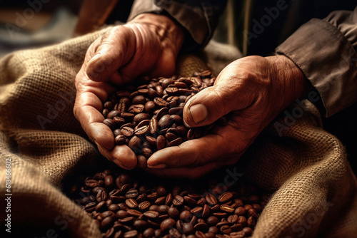Closeup, hands and person holding coffee beans from farming, agriculture and environment harvest bag. Ai generated, farmer and caffeine bean produce in sack for service industry and agribusiness