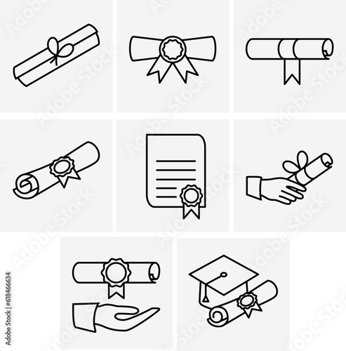 Graduation doodle set including icons student in cap, diploma certificate scroll, university degree . Thin line art about high school education