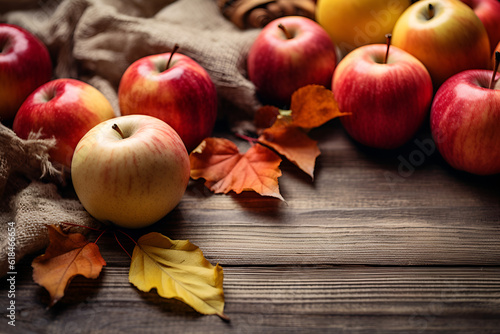 Ripe apples, fallen leaves, on a wooden background. Thanksgiving day concept, halloween. Place for text. AI generation