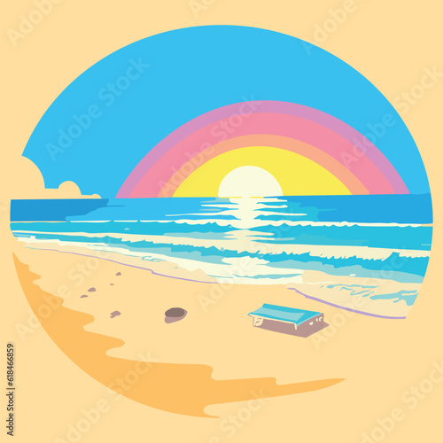 Retro sunset logo above the ocean with sun and water silhouette.