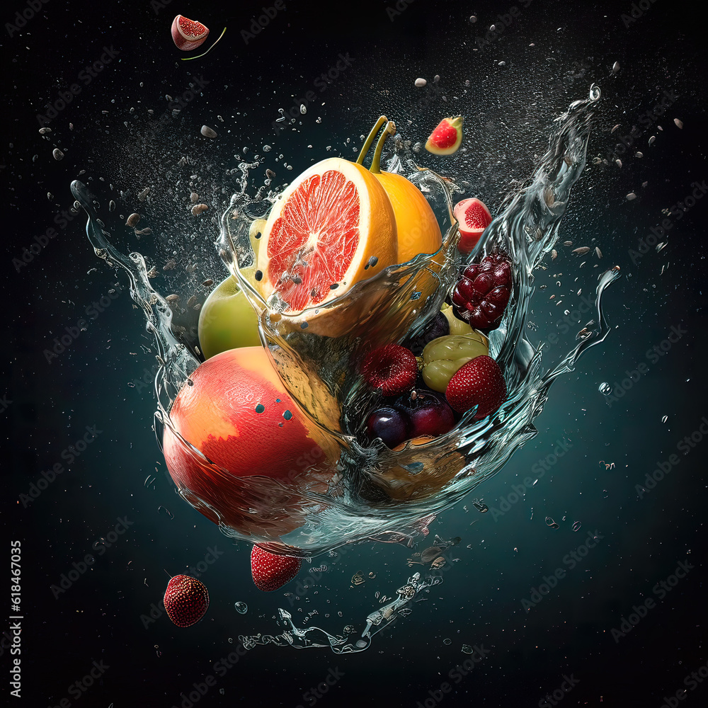 delicious fruit splashes in water and flying in a new dimension, juice ...