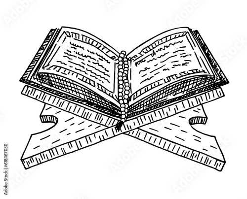 Open Koran sketch vector illustration. The holy book of the Koran on the stand. Muslim, Islamic religion symbol design element. Hand drawn vector illustration.