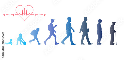 Men, stages of development. Decorated with a gradient. Life from birth to old age.