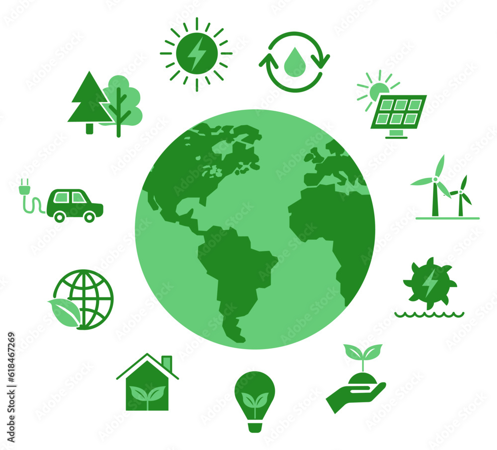 Green flat icon set related to renewable energy. Energy sources. Vector icons.