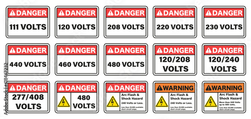 Voltage signs showing power. Rectangular electric shock hazard signs. Vector illustration.
