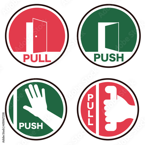 Push and pull to open door plates. Background sticker. Vector illustration.