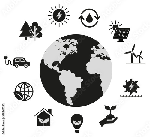 Black and white flat icons set related to renewable energy. Energy sources. Vector icons.
