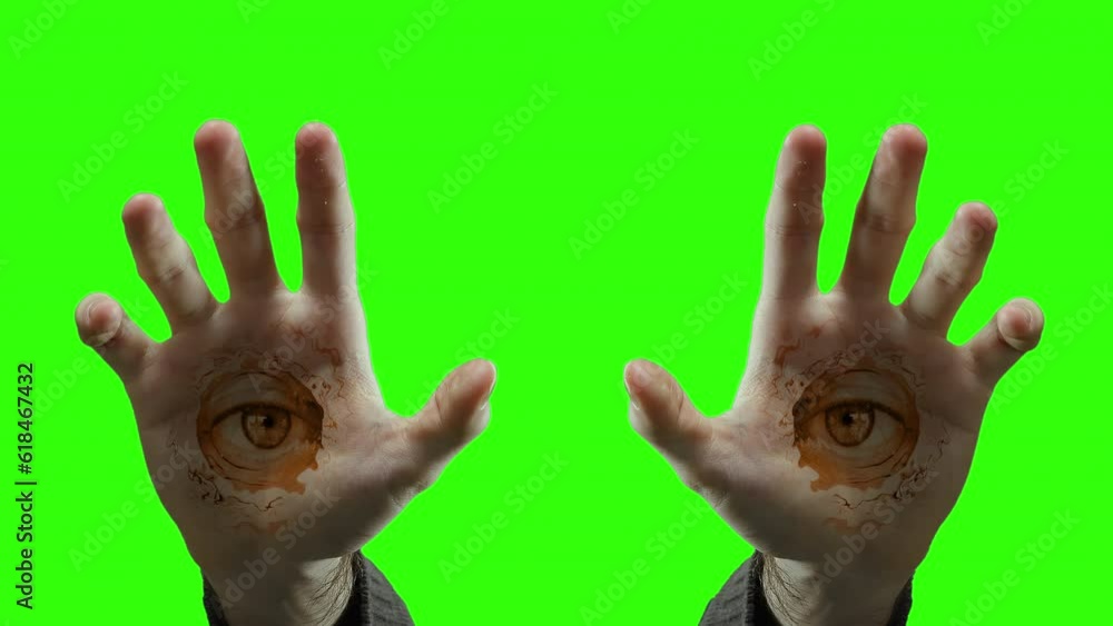 Palm Hand Eyes Stare Weird Green Screen Eyeballs Background. Palm hands