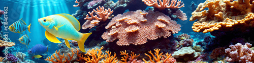 Horizontal banner with ocean reef with colorful corals  tropical fish and sunlight streaming through the sea water. Underwater world beauty illustration. Generative AI