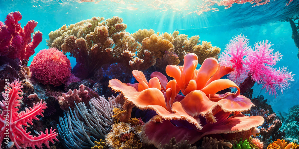 Illustration of underwater world with colorful tropical corals and sunlight streaming through the sea water. Beauty of the coral reef. Generative AI