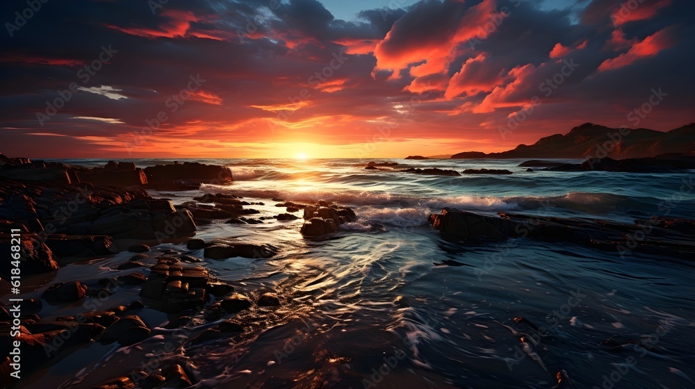 High dynamic range photography of a dramatic sunset over the ocean, capturing rich colors and details in both highlights and shadows. (Generative AI)
