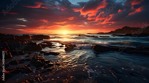 High dynamic range photography of a dramatic sunset over the ocean, capturing rich colors and details in both highlights and shadows. (Generative AI)