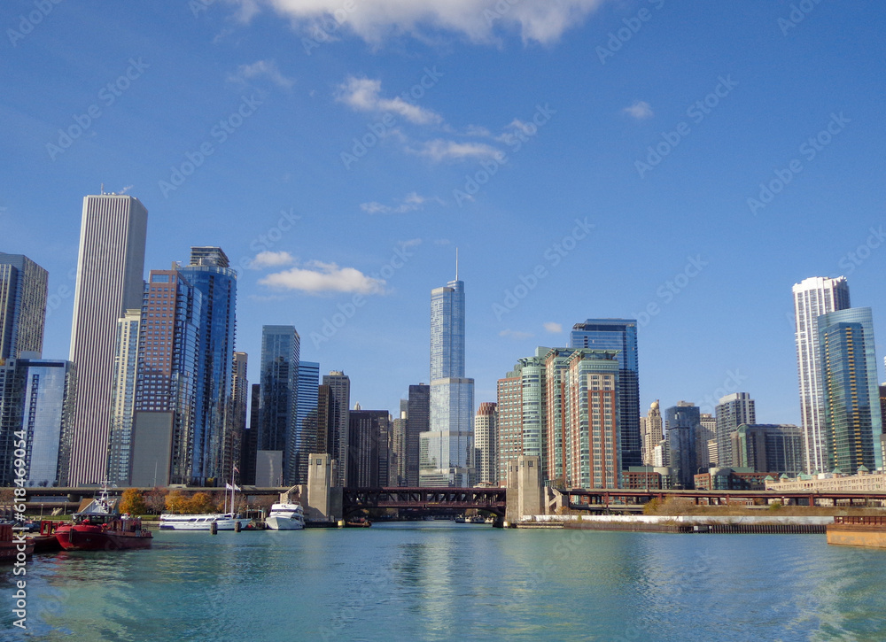 Chicago Skyline, as seen from Lake Michigan - Chicago, Illinois, USA Chicago Skyline, as seen from Lake Michigan - Chicago, Illinois, USA