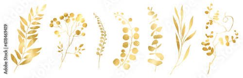 Hand drawn linear gold Christmas plants. Botanical line art silhouette golden leaves, Golden Linear floral Leaves Set.  illustration in linear style, graphic clipart for wedding invitation