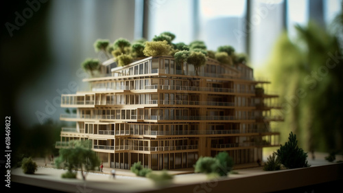 Architecture, planning and environment with model of building for construction, sustainability and futuristic. Ai generated, idea and eco friendly with design for carbon footprint, ecology and plant