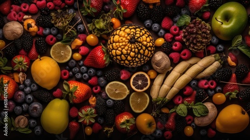 Top View variety of fresh fruit with bright colors