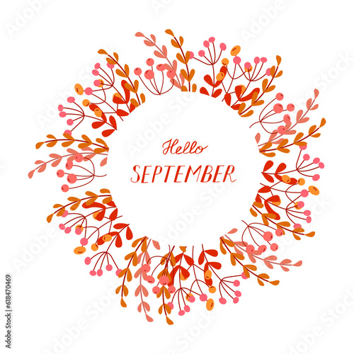 Round frame with orange and yellow berries and branches. Bright autumn frame